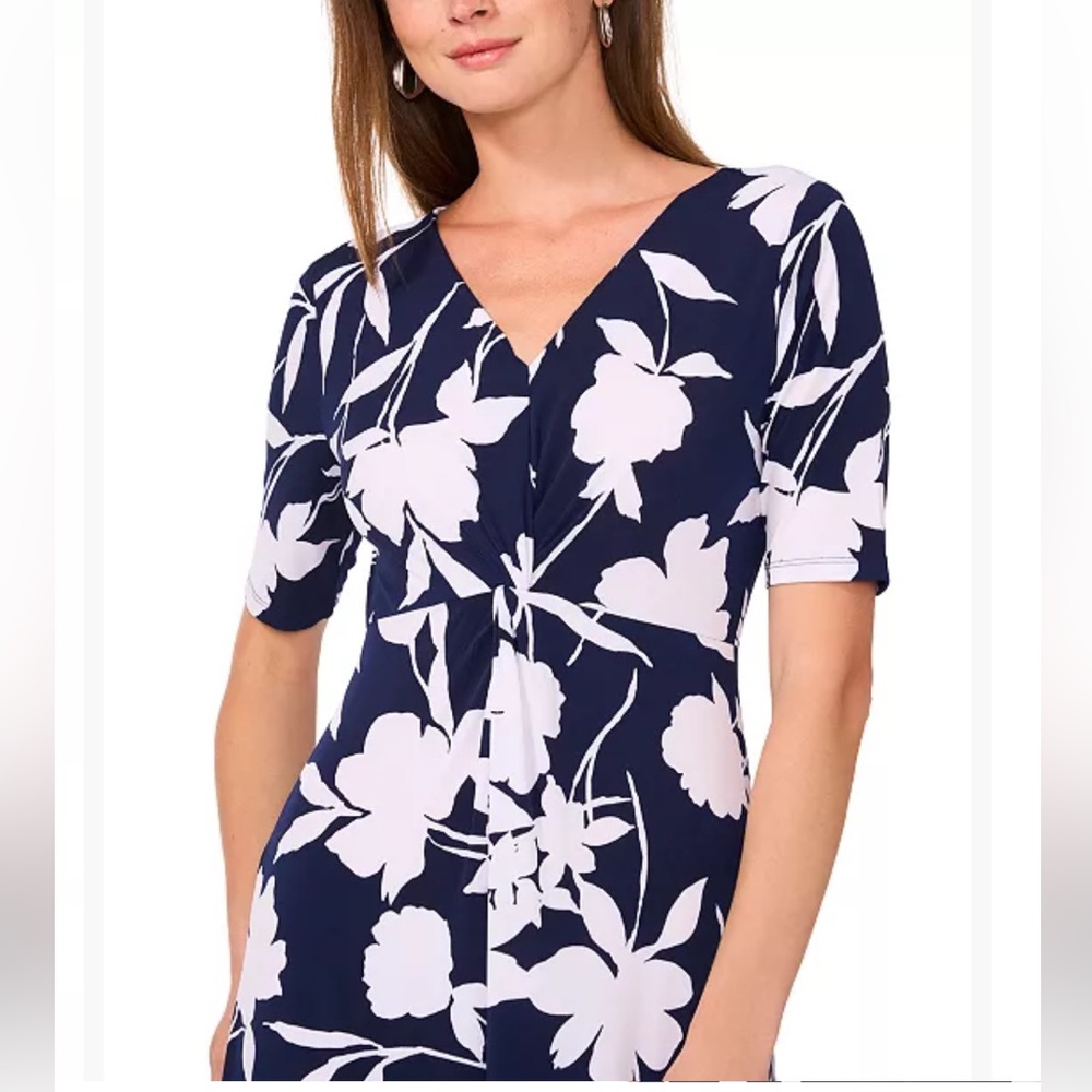 MSK Twist Front Navy Blue Floral V-Neck Midi Dress Sz Med NWT - Picture 2 of 11
